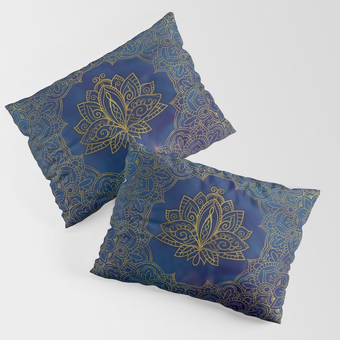 Elegant  Gold Lotus flower on blue Pillow Sham