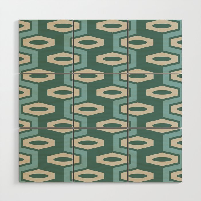 Atomic Geometric Pattern 253 Teal Green Blue and Beige Wood Wall Art