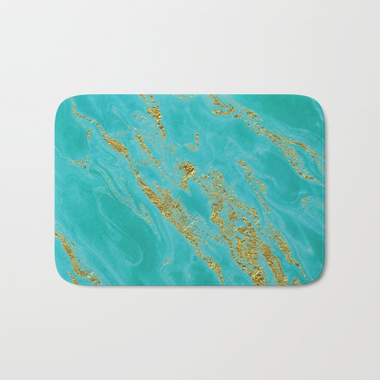 Luxury and glamorous gold glitter on aqua Sea marble on #Society6 Bath Mat