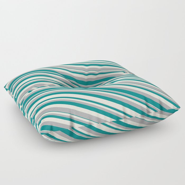 Beige, Dark Gray, and Teal Colored Pattern of Stripes Floor Pillow