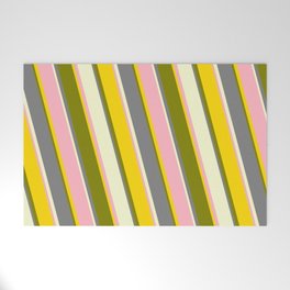 [ Thumbnail: Vibrant Light Pink, Yellow, Green, Gray, and Light Yellow Colored Stripes/Lines Pattern Welcome Mat ]