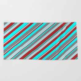 [ Thumbnail: Gray, Powder Blue, Red & Cyan Colored Stripes Pattern Beach Towel ]