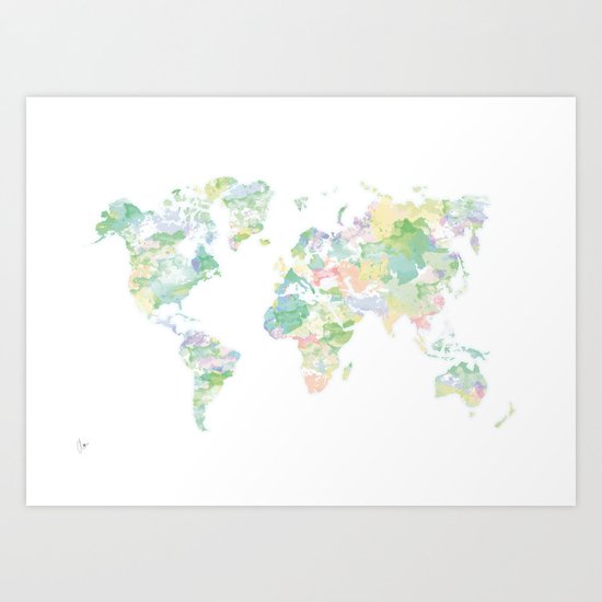 Watercolour World Map (green) Art Print