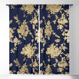Elegant vintage navy blue faux gold flowers Blackout Curtain