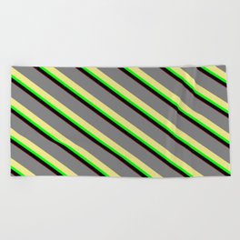 [ Thumbnail: Colorful Gray, Tan, Lime, Black & Maroon Colored Stripes/Lines Pattern Beach Towel ]