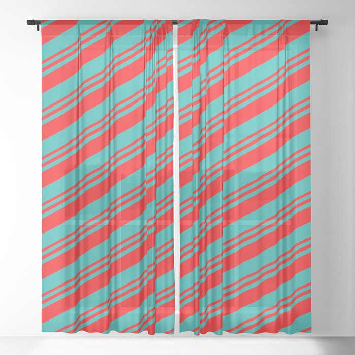 Red and Light Sea Green Colored Stripes/Lines Pattern Sheer Curtain