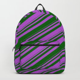[ Thumbnail: Orchid & Dark Green Colored Striped Pattern Backpack ]
