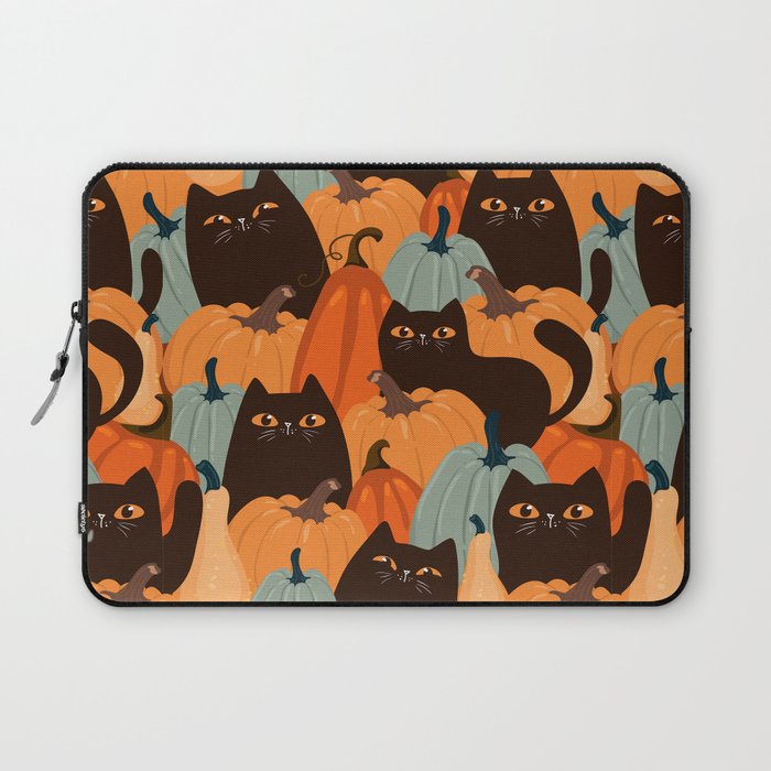 Cute seamless pattern with black cats and pumpkins. Trendy autumn colors. Vintage illustration Laptop Sleeve