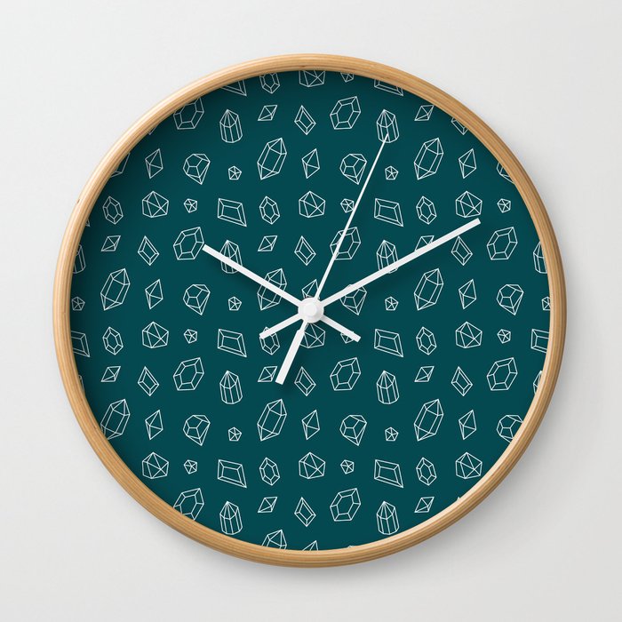 Teal Blue and White Gems Pattern Wall Clock
