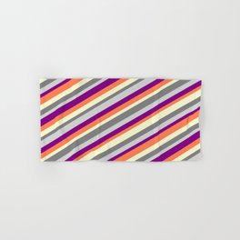 [ Thumbnail: Colorful Light Yellow, Gray, Light Gray, Purple & Coral Colored Lines/Stripes Pattern Hand & Bath Towel ]