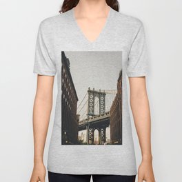 Brooklyn Bridge with Empire State Building in background DUMBO (Down Under the Manhattan Bridge Overpass) New York color photograph / photography V Neck T Shirt