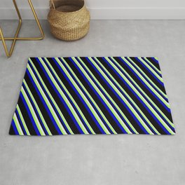 [ Thumbnail: Lavender, Light Green, Blue & Black Colored Pattern of Stripes Rug ]