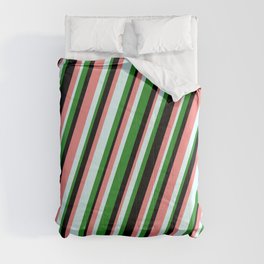 [ Thumbnail: Forest Green, Black, Light Coral & Light Cyan Colored Stripes/Lines Pattern Comforter ]