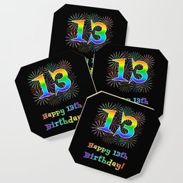 [ Thumbnail: 13th Birthday - Fun Rainbow Spectrum Gradient Pattern Text, Bursting Fireworks Inspired Background Coaster ]