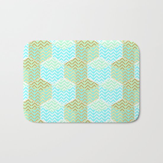 Cubes in teal and golden chevron Bath Mat