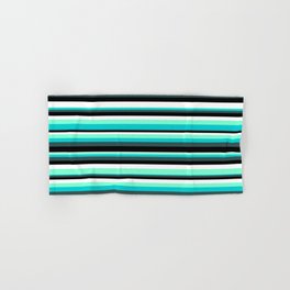 [ Thumbnail: Eyecatching Aquamarine, Dark Turquoise, Dark Slate Gray, Black, and White Colored Stripes Pattern Hand & Bath Towel ]