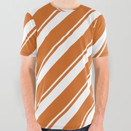 [ Thumbnail: Chocolate and White Colored Pattern of Stripes All Over Graphic Tee ]