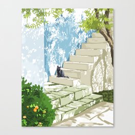 Black cat on the steps Poster, Greece Santorini summer travel pet painting Canvas Print
