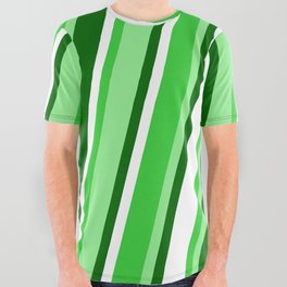 [ Thumbnail: Lime Green, Light Green, Dark Green, and White Colored Pattern of Stripes All Over Graphic Tee ]