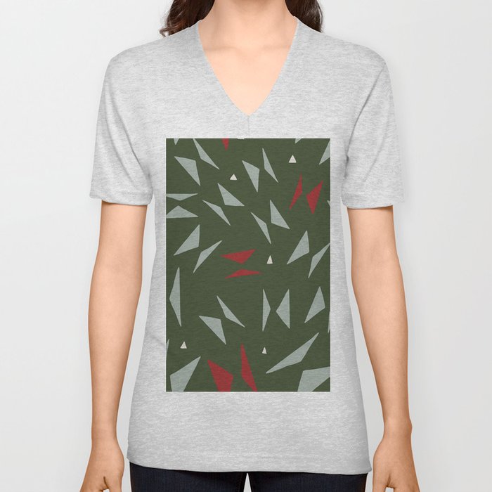 Geometric forest green red hand painted triangles V Neck T Shirt