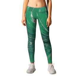 Extreme surfing pipeline wave with mirrored reflection, nazara, california, gulf of mexico, florida keys, hawaii surf landscape painting in emerald green Leggings