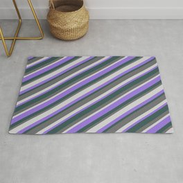[ Thumbnail: Purple, Dark Slate Gray, Dim Gray, and Light Grey Colored Lined Pattern Rug ]