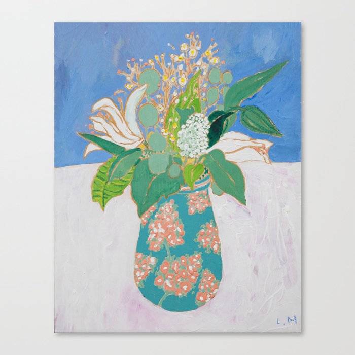 Lily and Eucalyptus Bouquet in Blue and Peach Floral Vase Canvas Print ...