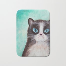 Such a grumpy little cat Bath Mat | Furry, Sadface, Animal, Painting, Pet, Cat, Fluffy, Blue, Cartoon, Brown 