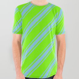 [ Thumbnail: Green & Sky Blue Colored Stripes/Lines Pattern All Over Graphic Tee ]
