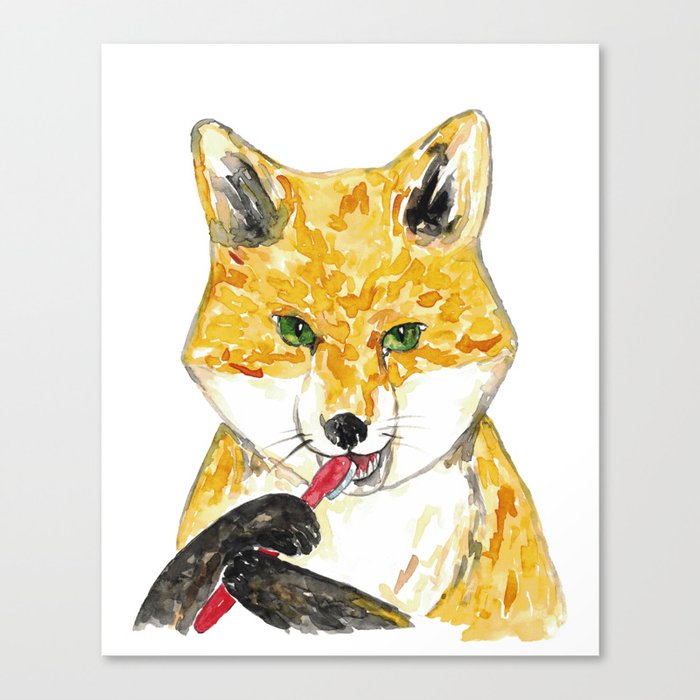 Fox brushing teeth bath watercolor painting Canvas Print