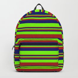 [ Thumbnail: Chartreuse, Red, and Midnight Blue Colored Striped Pattern Backpack ]