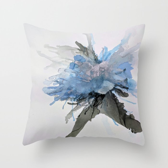 Ink Flower Blue Throw Pillow