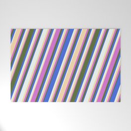 [ Thumbnail: Orchid, Dark Olive Green, Royal Blue, Mint Cream, and Tan Colored Stripes Pattern Welcome Mat ]