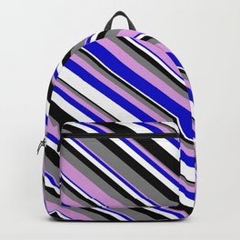 [ Thumbnail: Colorful Grey, Plum, Blue, White, and Black Colored Lined Pattern Backpack ]