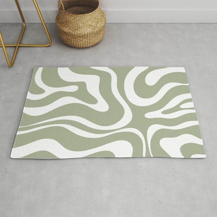 Modern Retro Liquid Swirl Abstract Pattern in Muted Sage Green and White Rug