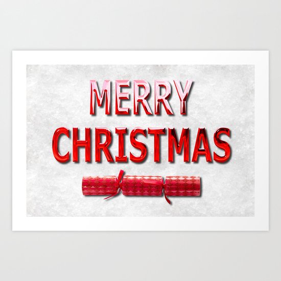 Merry Christmas With Red Cracker in Snow Art Print