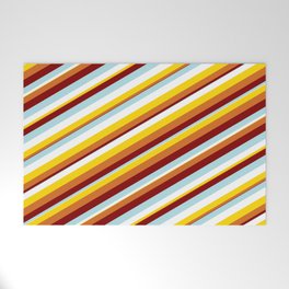 [ Thumbnail: Vibrant Powder Blue, White, Yellow, Chocolate, and Maroon Colored Lines Pattern Welcome Mat ]