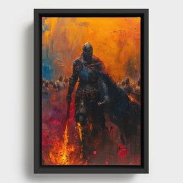 Blacklight painting of a medieval knight in black armour on fire swinging a battle axe  Framed Canvas