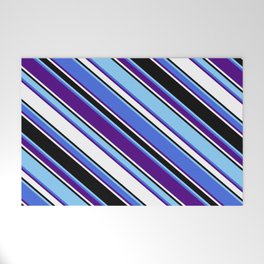 [ Thumbnail: Eyecatching Light Sky Blue, Royal Blue, Indigo, White & Black Colored Lines/Stripes Pattern Welcome Mat ]