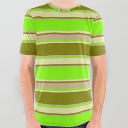 [ Thumbnail: Chartreuse, Pale Goldenrod, Green & Tan Colored Pattern of Stripes All Over Graphic Tee ]