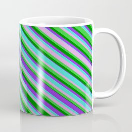 [ Thumbnail: Turquoise, Plum, Lime Green, Green & Purple Colored Lined Pattern Coffee Mug ]