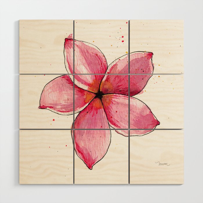 Plumeria - Floral Line Drawing + Watercolor Wood Wall Art