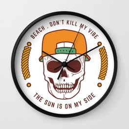 Cool Skull With Orange CAP - Quote Beach Vibes Sun  Wall Clock