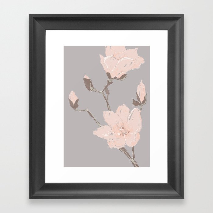 Magnolia flower Japanese minimalism style artwork in retro colors gray Framed Art Print