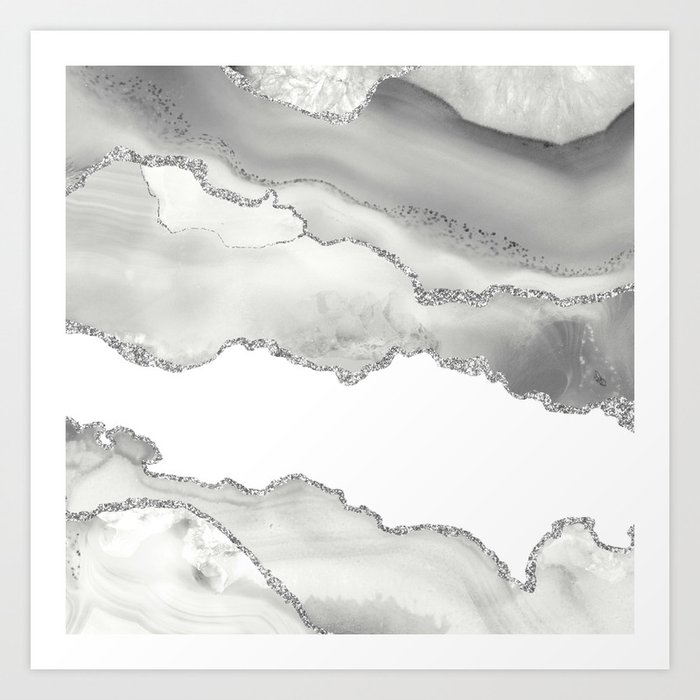 White & Silver Agate Texture 06 Art Print