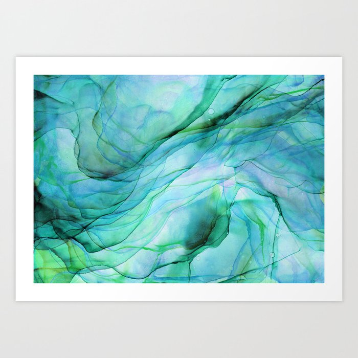 Sea Green Flowing Waves Abstract Ink Painting Art Print
