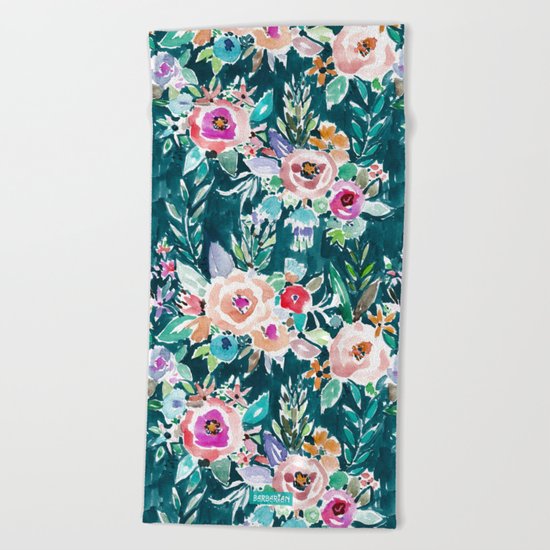 EFFUSIVE FLORAL Dark & Colorful Boho Pattern Beach Towel