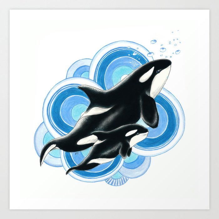 Orca Whales Mom Baby Blue Ink Art Print by Seven Sirens Studios | Society6