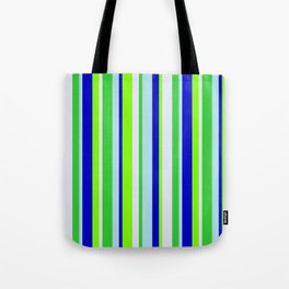 [ Thumbnail: Colorful Powder Blue, Blue, Chartreuse, Lavender & Lime Green Colored Lines Pattern Tote Bag ]