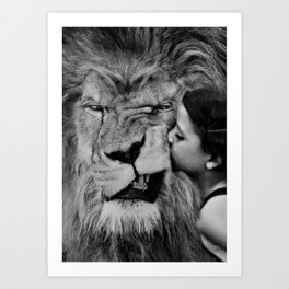 Grouchy Lion being kissed by brunette girl black and white photography Art Print
